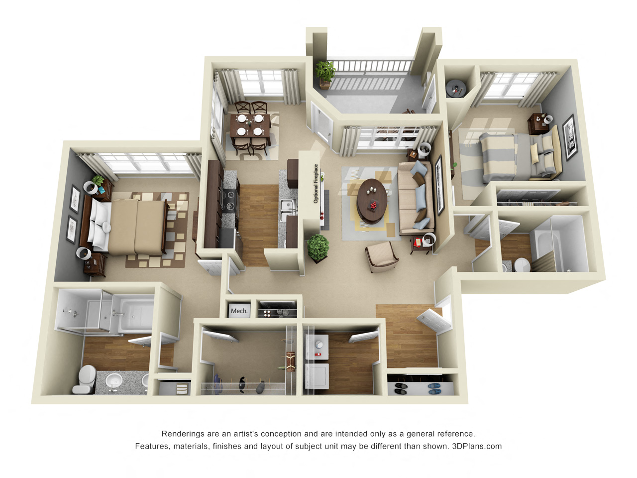 Floor plan for 2 beds, 2 baths, 1122 sqft